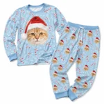 personalized cat face cuffed pajama set with blue candy cane