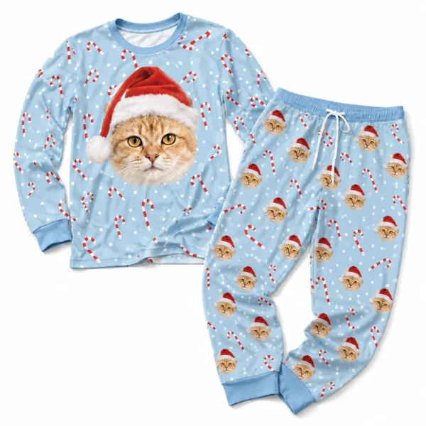 personalized cat face cuffed pajama set with blue candy cane