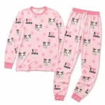 personalized cat face pink cuffed pajama set with paw prints