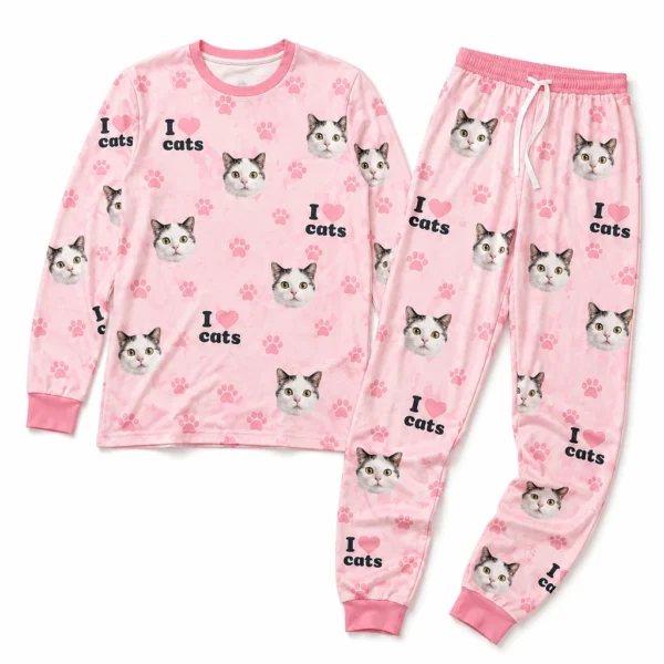 personalized cat face pink cuffed pajama set with paw prints