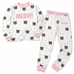 personalized cat face white cuffed pajama set with fish bone