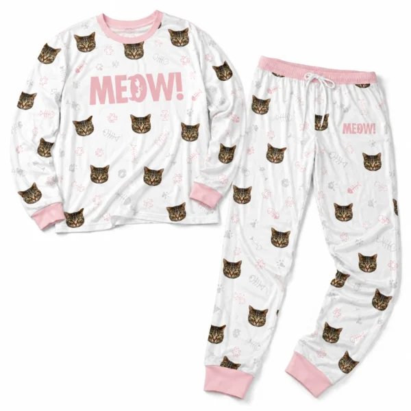 personalized cat face white cuffed pajama set with fish bone