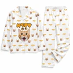 personalized cat face white satin pajama set with text print
