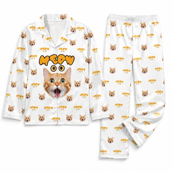 personalized cat face white satin pajama set with text print