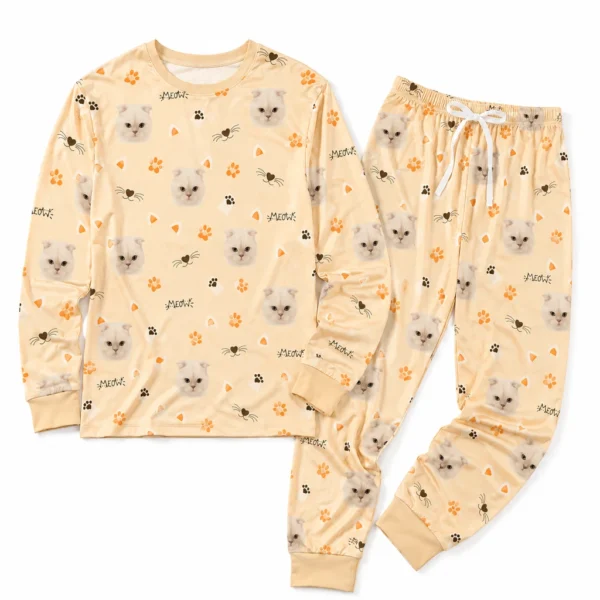 personalized cat face yellow cuffed pajama set with paw prints