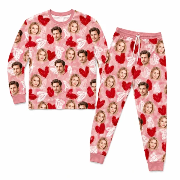 personalized couple photos pink cuffed pajama set with heart print