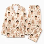 personalized couple photos satin pajama set with beige heart print