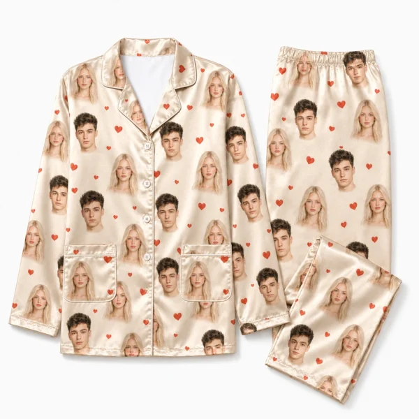 personalized couple photos satin pajama set with beige heart print