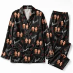 personalized couple photos satin pajama set with black heart print