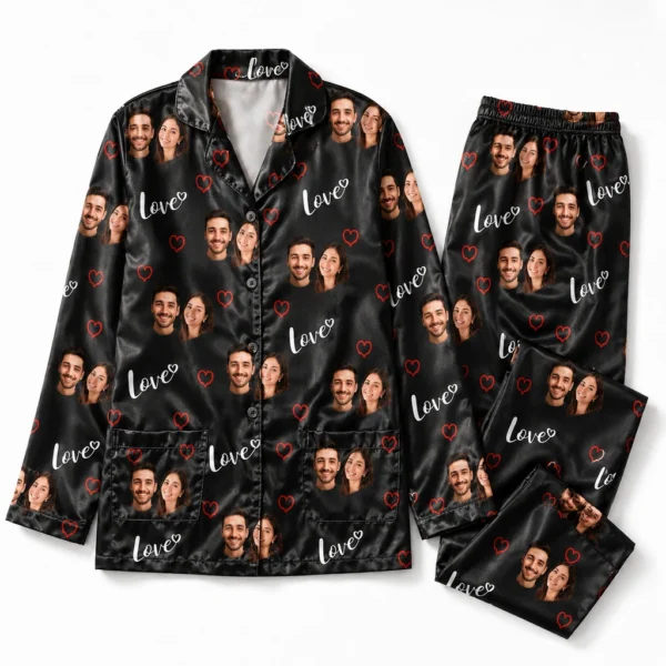 personalized couple photos satin pajama set with black heart print