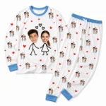 personalized couple photos white cuffed pajama set with heart print