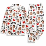 personalized couple photos white satin pajama set with heart print