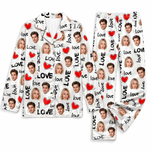 personalized couple photos white satin pajama set with heart print