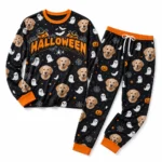 personalized dog face cuffed pajama set with black orange ghost print