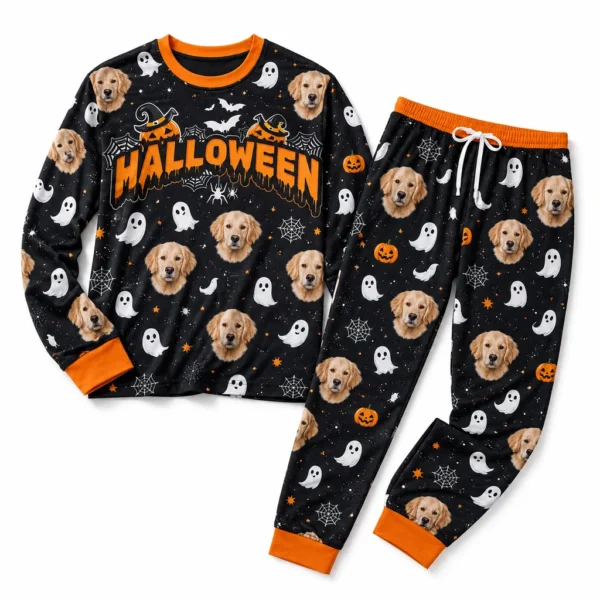 personalized dog face cuffed pajama set with black orange ghost print