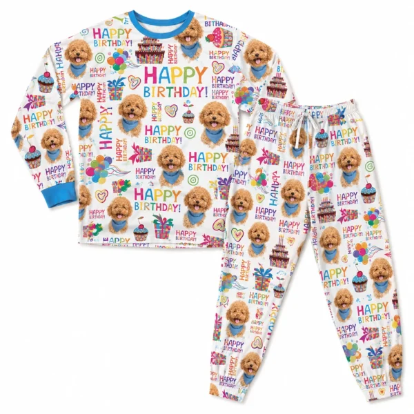 personalized dog face cuffed pajama set with white birthday theme
