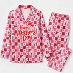 personalized dog face satin pajama set with pink red checkerboard heart