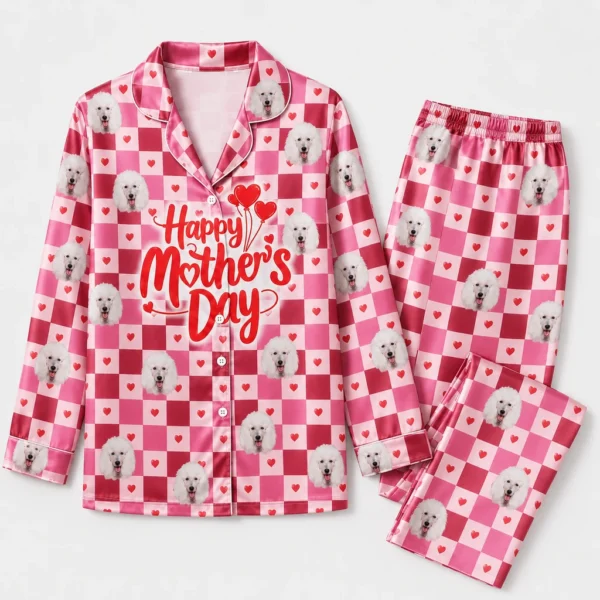 personalized dog face satin pajama set with pink red checkerboard heart