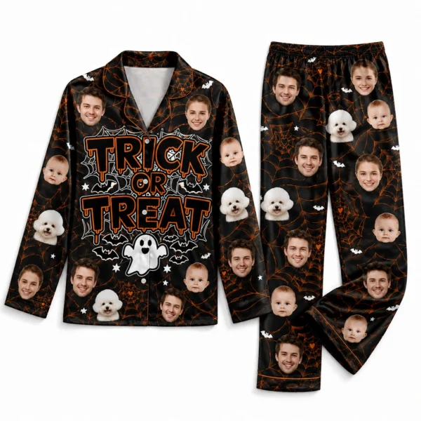 personalized family photos black satin pajama set with spider web