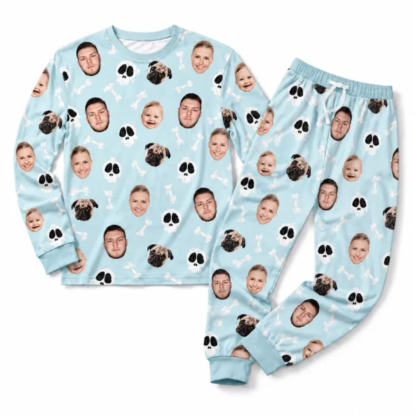 personalized family photos blue cuffed pajama set with skull print