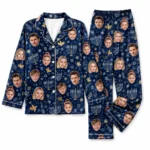 personalized family photos blue satin pajama set with hanukkah print