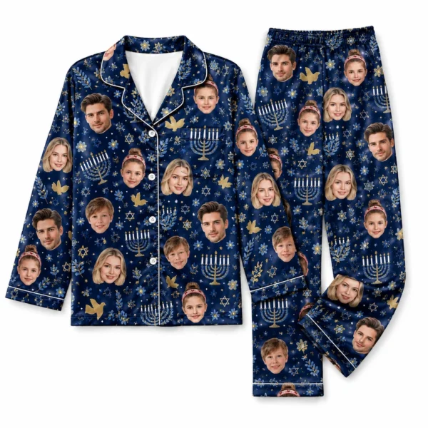 personalized family photos blue satin pajama set with hanukkah print