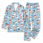 personalized family photos blue satin pajama set with snowman print
