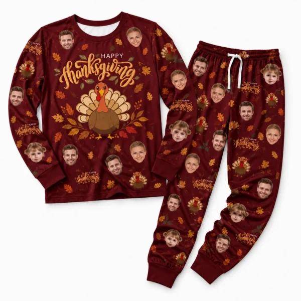 personalized family photos burgundy cuffed pajama set with thanksgiving print