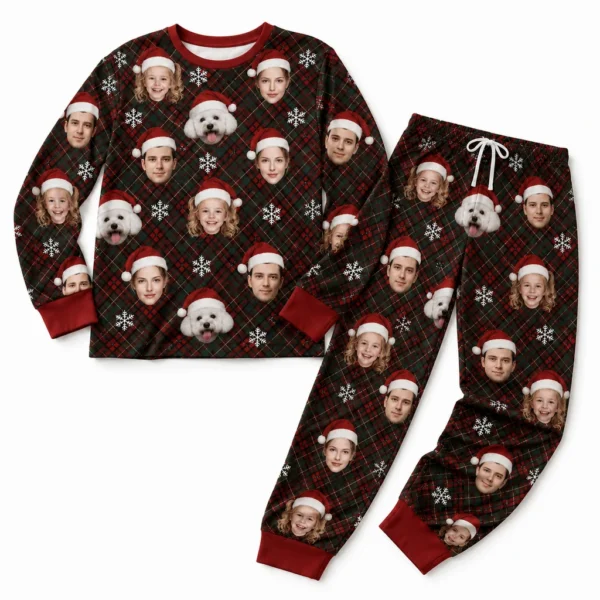 personalized family photos cuffed pajama set with green red tartan plaid