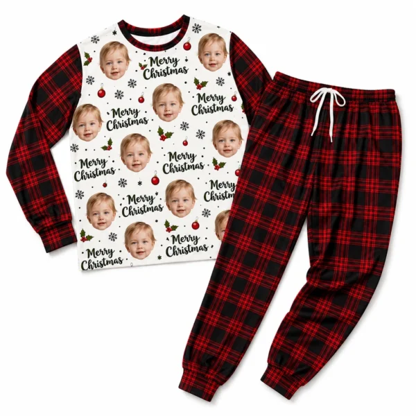 personalized family photos cuffed pajama set with red white tartan plaid