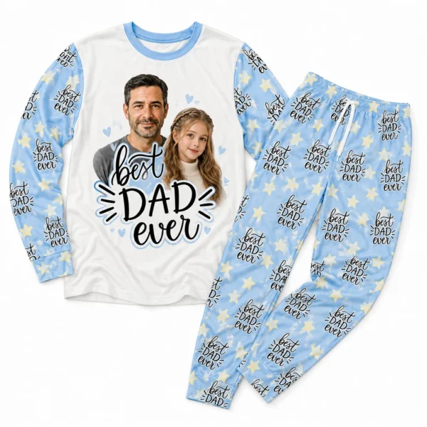 personalized family photos cuffed pajama set with white blue star print