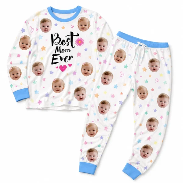 personalized family photos cuffed pajama set with white blue start print