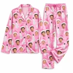 personalized family photos pink satin pajama set with snowman print