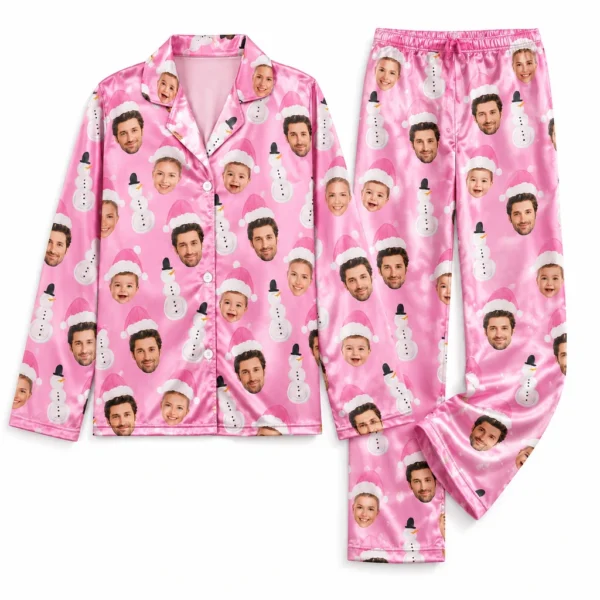 personalized family photos pink satin pajama set with snowman print