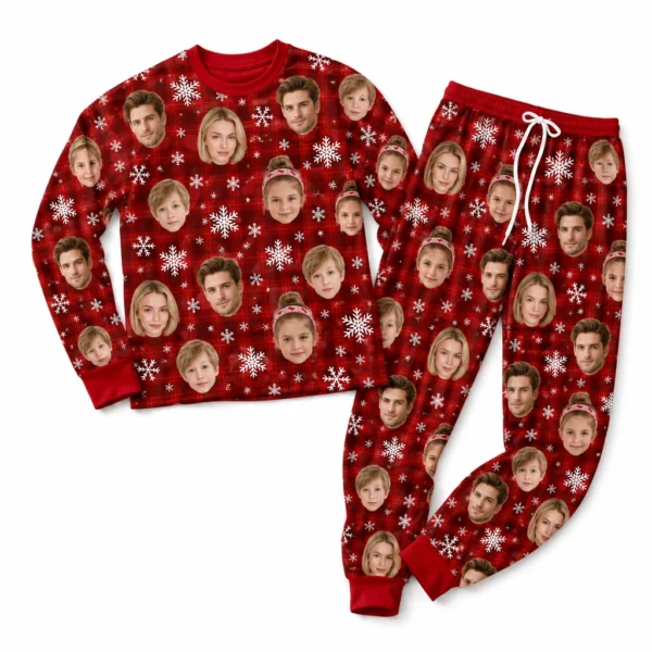 personalized family photos red cuffed pajama set with plaid print