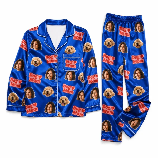 personalized family photos satin pajama set with blue solid color