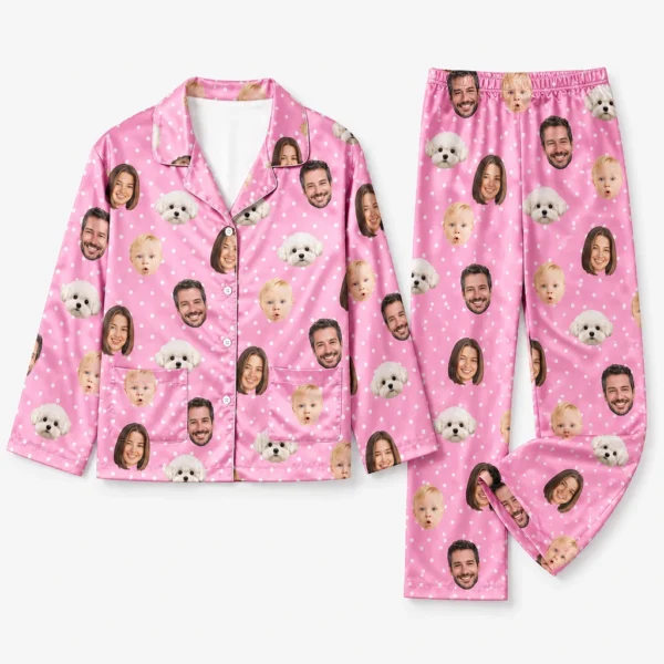 personalized family photos satin pajama set with pink white polka dot