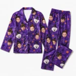personalized family photos satin pajama set with purple spiderweb print