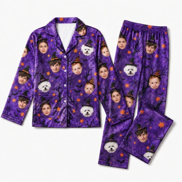 personalized family photos satin pajama set with purple spiderweb print