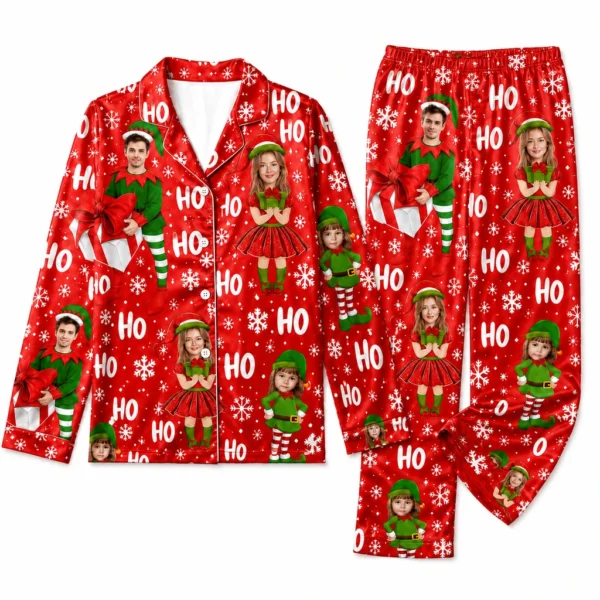 personalized family photos satin pajama set with red snowflake print