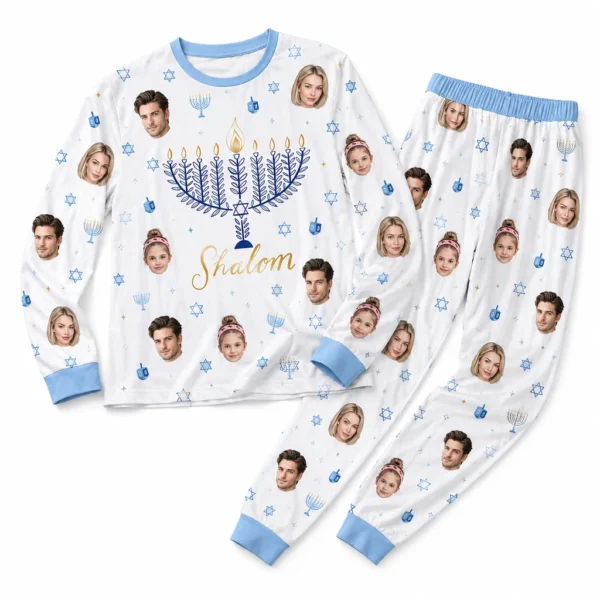 personalized family photos white cuffed pajama set with hanukkah print