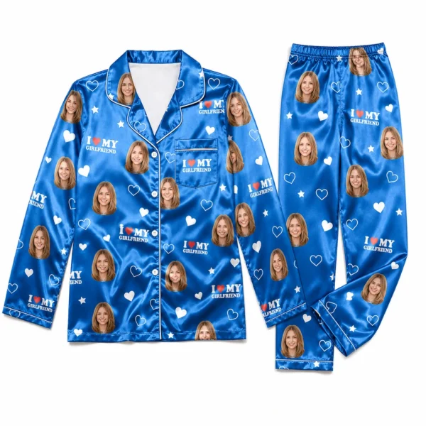 personalized portrait photos blue satin pajama set with heart print