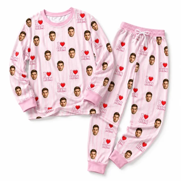 personalized portrait photos pink cuffed pajama set with striped print
