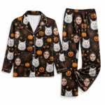 personalized portrait photos satin pajama set with black orange spiderweb print