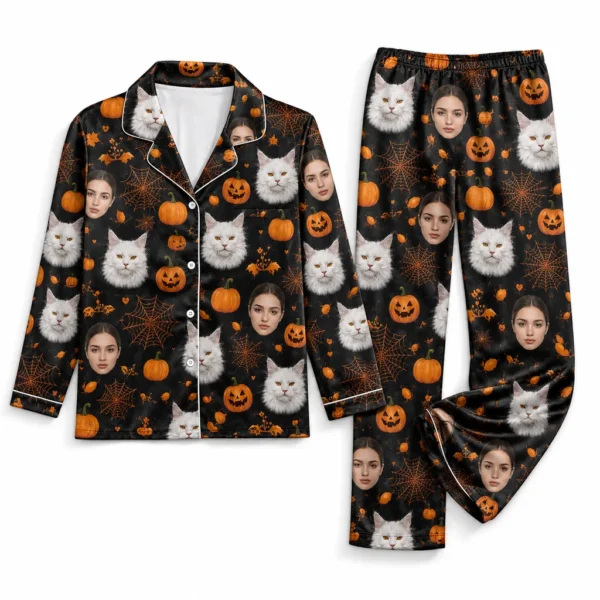 personalized portrait photos satin pajama set with black orange spiderweb print