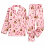 personalized portrait photos satin pajama set with pink christmas print