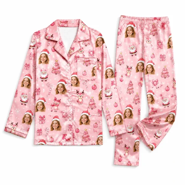personalized portrait photos satin pajama set with pink christmas print