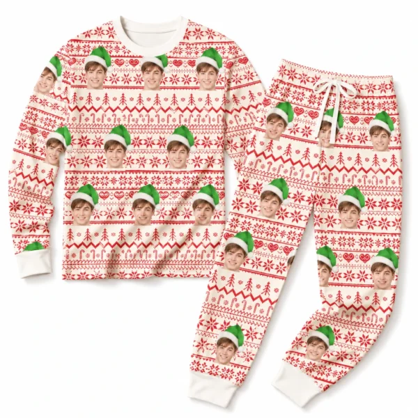 personalized portrait photos white red cuffed pajama set with fair isle