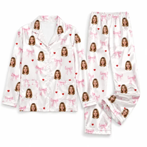 personalized portrait photos white satin pajama set with bow knot