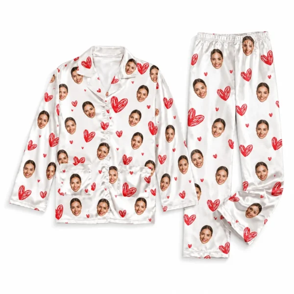 personalized portrait photos white satin pajama set with heart print